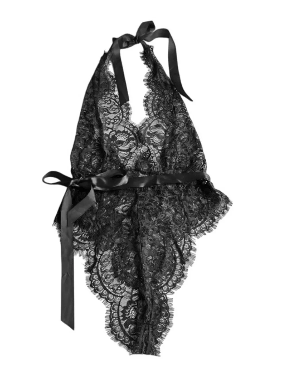 oh‎ la la cheri Size S/M Black Eyelash Tie Back Plunging Lace Teddy